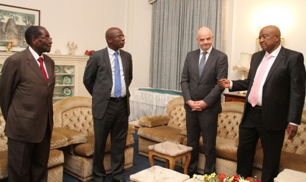 PRESIDENTIAL ENCLOSURE . . . President Mugabe meets FIFA boss Gianni Infantino (second from right) who paid him a courtesy call at State House yesterday in the company of Sport and Recreation Minister Makhosini Hlongwane (left) and ZIFA president Philip Chiyangwa. — Picture by John Manzongo