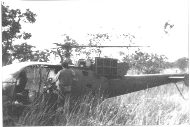 Rhodesian combat helicopters landed in bushes inside Mozambique before attacking the Chimoio ZANLA base on November 23, 1977.— (Picture extracted from Winds of Destruction by Petter-Bowyer)