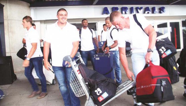THE BOYS ARE IN TOWN . . . Players from South African rugby heavyweight franchise, Vodacom Blue Bulls, emerge out of the arrivals hall after touching down at Harare International Airport yesterday for tomorrow’s rugby showcase at the National Sports Stadium