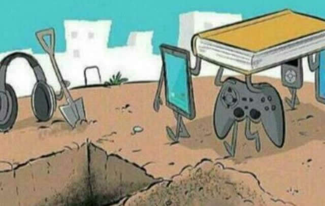 The graphic illustrates how technology is burying traditional books