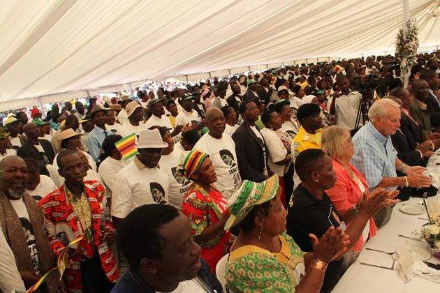 United in song . . . Part of the members of the Zimbabwe National Liberation War Veterans Association (ZNLWVA), members of the Zimbabwe Liberation War Collaborators Association (ZILWACO) and the Zimbabwe Ex-Political Prisoners Detainees and Restrictees Association members (ZIPEDRA) sing revolutionary songs at First Lady Amai Grace Mugabe’s Mazowe Children’s Home last week