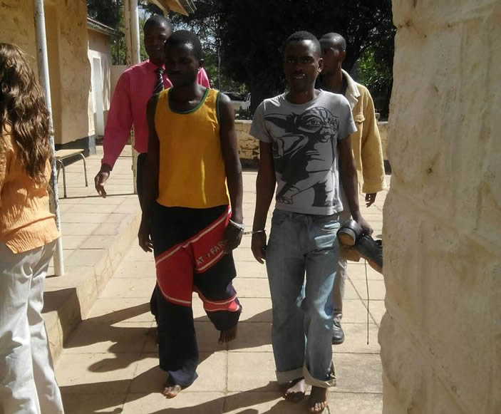 The suspects, Tawanda Moyounoziwa and Nomore Hakutangwi being led into Nyanga Magistrates’ Court on Monday