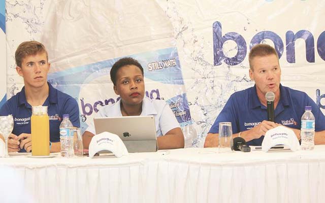 THE COUNTDOWN BEGINS . . . Triathlon Zimbabwe president Rick Fulton (far right) addresses the media during a Press conference in Harare yesterday, while Coca-Cola marketing activations manager Vee Chibanda (centre) and rising star Gideon Benade look on