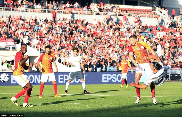 PURE MAGIC . . . Zlatan Ibrahimovic (right) scores his first Manchester United goal with a brilliant bicycle kick against Galatasaray in Gothenburg, Sweden, on Saturday. — Mailonline