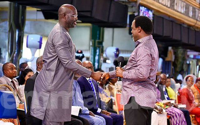 This file photo shows Liberia’s President-elect Weah who is also a football legend at the Synagogue Church of All Nations (SCOAN), led by Prophet TB Joshua in Lagos, Nigeria. — Emmanuel TV.