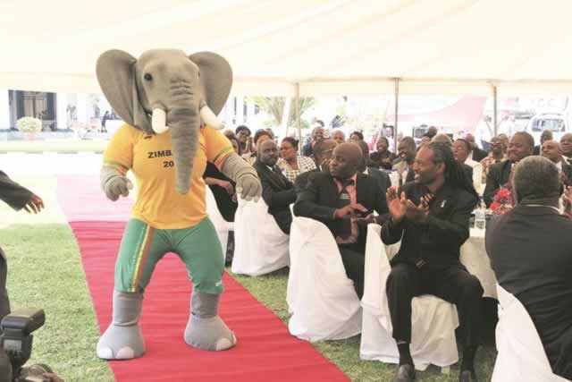 FLYING ELEPHANT . . . The mascot of the African Union Sports Council Region Five Under-20 Youth Games to be held in Bulawayo, Jumbo, dazzles delegates at State House yesterday