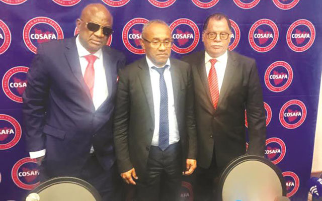 THE MEN IN CHARGE . . . CAF president Ahmad Ahmad (centre) is sandwiched by ZIFA and COSAFA boss Philip Chiyangwa (left) and South African Football Association chief Danny Jordaan in Johannesburg last week when the African football boss met the COSAFA leadership