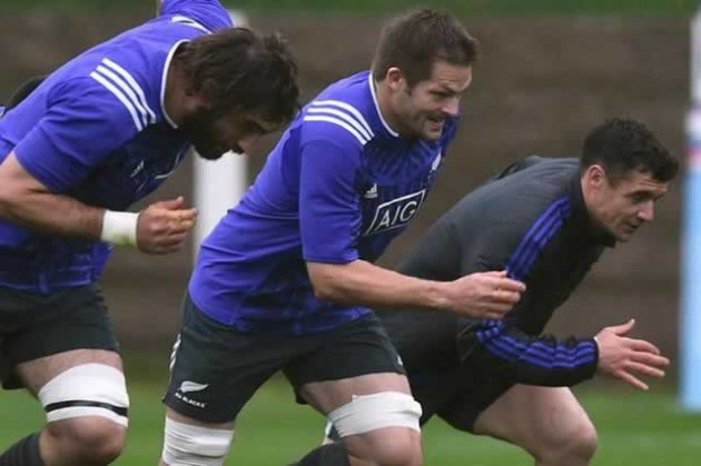 GRINDING MACHINE . . . New Zealand’s (from left) Sam Whitelock, Richie McCaw and Dan Carter take part in a training session in Bagshot, England, ahead of today’s Rugby World Cup final against Australia at Twickenham. — AFP