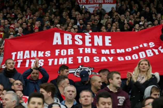 LOUD AND CLEAR . . . Arsenal fans hold aloft a banner reading “Arsene, thanks for the memories but it’s time to say goodbye” during their side’s English Premiership match against West Brom on Saturday. — The Mirror