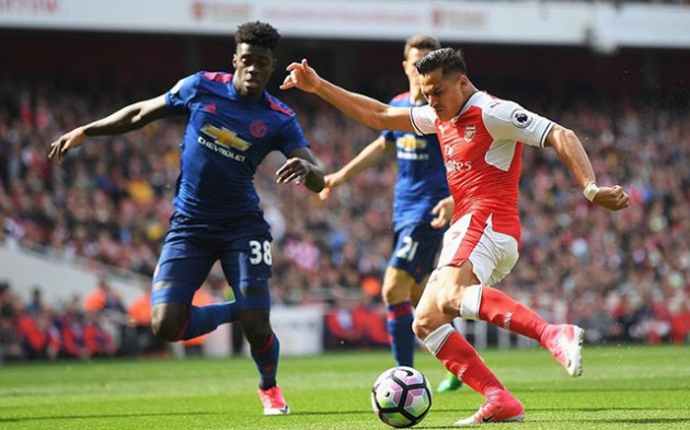 Alexis Sanchez takes on United’s Axel Tuanzebe, making his Premier League debut, during the match at the Emirates