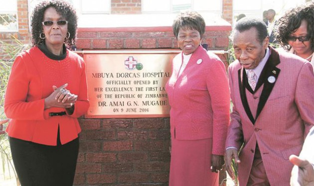 The First Lady Amai Grace Mugabe,Dr Eunor Guti and Professor Ezekiel Guti pose for pictures soon after the ribbon cutting to mark the official opening of the Zaoga owned Mbuya Dorcas Hospital in Harare yesterday