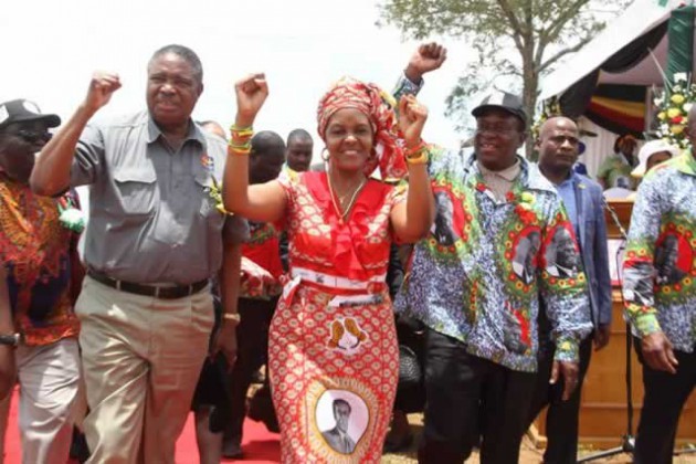 First Lady and zanu-pf Women’s League boss Amai Grace Mugabe salutes thousands of the revolutionary party’s supporters while flanked by Vice Presidents Emmerson Mnangagwa and Phelekezela Mphoko (left) on arrival for a rally at Mataga Growth Point in Mberengwa yesterday. — (Picture by Justin Mutenda)