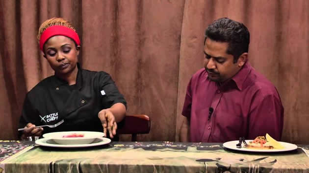 Contestants taste their food during a competition in the Battle of the Chefs