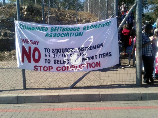 The demonstrators have blocked Beitbridge border post in protest of the implementation of statutory instrument number 64 of 2016. - Pic Thupeyo Muleya
