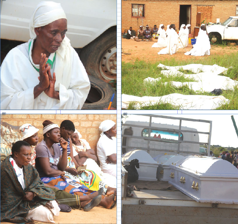 This picture collage (from top left, clockwise) shows Jokomera's widow, apostolic sect members praying for the deceased four family members shortly after the tragedy, coffins bearing the bodies of the deceased and mourners following proceedings at the funeral