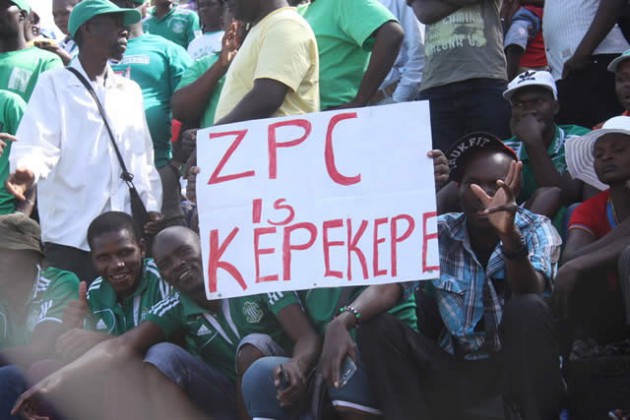 BORROWED ALLIANCE . . . CAPS United fans show their support for ZPC Kariba during the two teams' clash in a league match at Gwanzura on Sunday