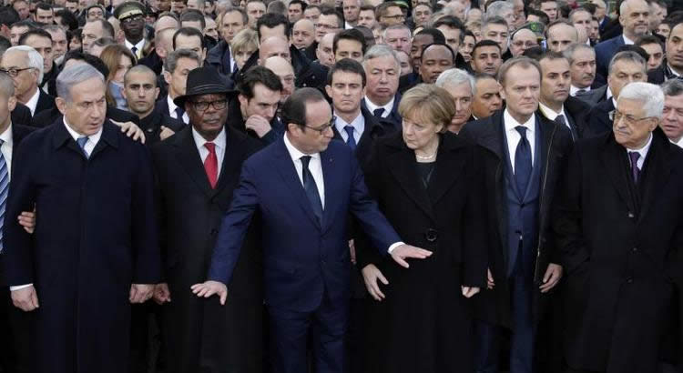 Western leaders and the Malian president met at a unity rally for Charlie Hebdo
