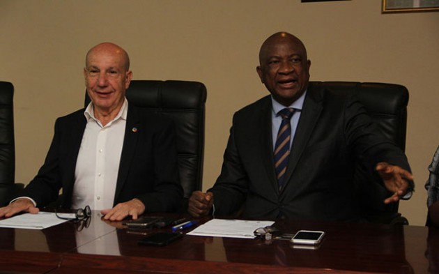 GOING PLACES . . . ZIFA president Phillip Chiyangwa (right) stresses a point as he addresses the media in the company of La Liga director for Africa Antonio Barradas in Harare yesterday