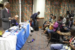 Head of Comesa observer mission Ambassador Bethuel Kiplagat addresses the media in Harare today. 