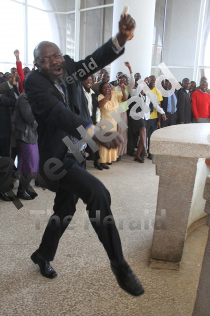 Buhera South National Assembly member-elect Cde Joseph Chinotimba illustrates how Team Zanu-PF scored during the just ended harmonised elections at Zanu PF Headquarters in Harare yesterday. — (Picture by Justin Mutenda)