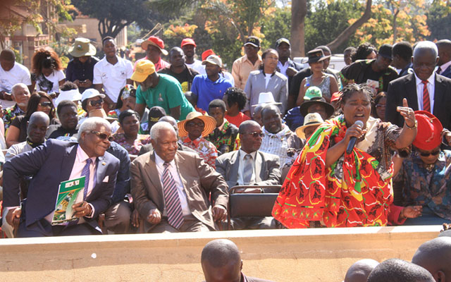 Minister of State for Manicaland Provincial Affairs Cde Mandi Chimene addresses Zanu-PF supporters at the solidarity rally she spearheaded at the ZANU PF headquarters in Harare yesterday in support of the First Family. Sitting behind her are ZANU-PF Secretary for Administration Dr Ignatius Chomba (left) and the party’s Secretary for War Veterans Affairs Dr Sydney Sekeramayi