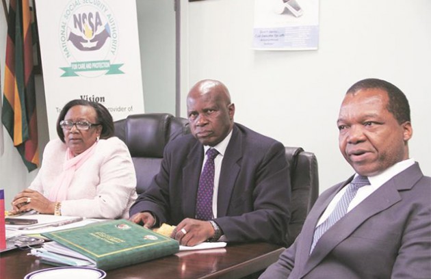 Finance and Economic Development Minister Patrick Chinamasa flanked by his Public Service, Labour and Social Welfare counterpart Prisca Mupfumira and Reserve Bank Governor Dr John Mangudya at the abortive meeting in Harare yesterday