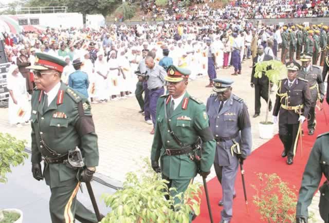 Service chiefs arrive for the burial of Cdes Victoria Chitepo and Vivian Mwashita at the National Heroes Acre yesterday