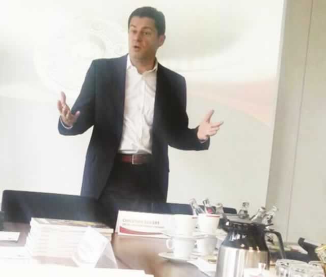 MILLION EURO MAN . . . Christian Seifert, the chief executive of the Deutsche FuBball Liga, addresses Zimbabwean sports journalists in Frankfurt, Germany yesterday