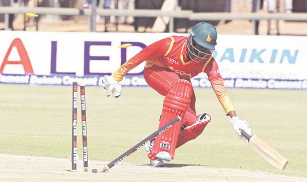 ANOTHER ONE PERISHES . . . Zimbabwe’s Donald Tiripano is run out in the third ODI against India at Harare Sports Club yesterday where the Chevrons slumped to another heavy defeat — AP