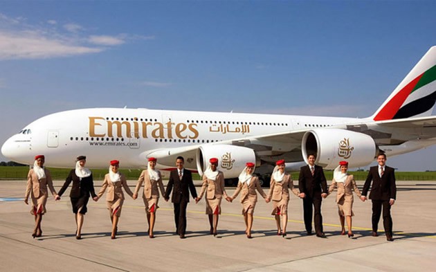 An emirates plane and flight crew