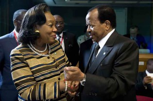 Central African Republic president Catherine Samba-Panza (left) greets Cameroon president Paul Biya. Some 80 nations are gathered in Brussels today for an EU-Africa summit. —AFP