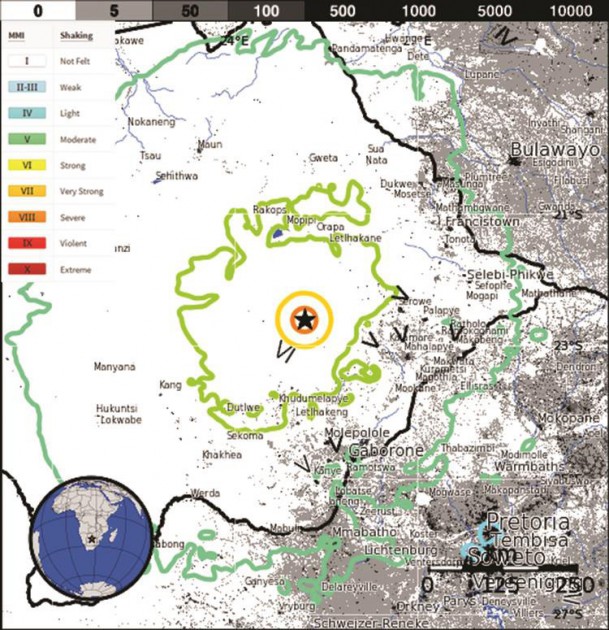 The map shows the intensity of the earthquake as it moved from its epicentre in central Botswana towards Zimbabwe and South Africa. — Map by USGS