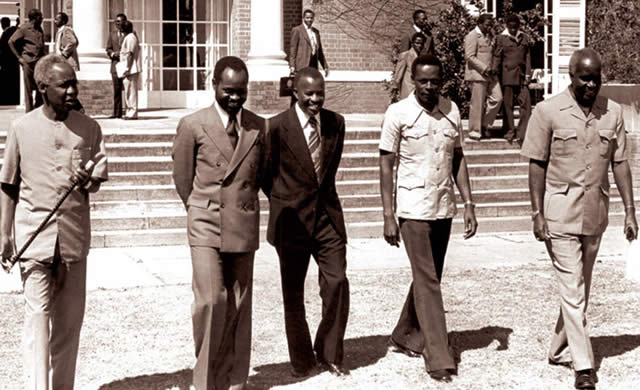 The then leaders of the Front Line States (from left) Tanzania’s Julius Kambarage Nyerere, Mozambique’s Samora Moises Machel, Botswana’s Quett Masire, Angola’s Eduardo dos Santos and Zambia’s Kenneth Kaunda spearheaded the decolonisation of Southern Africa
