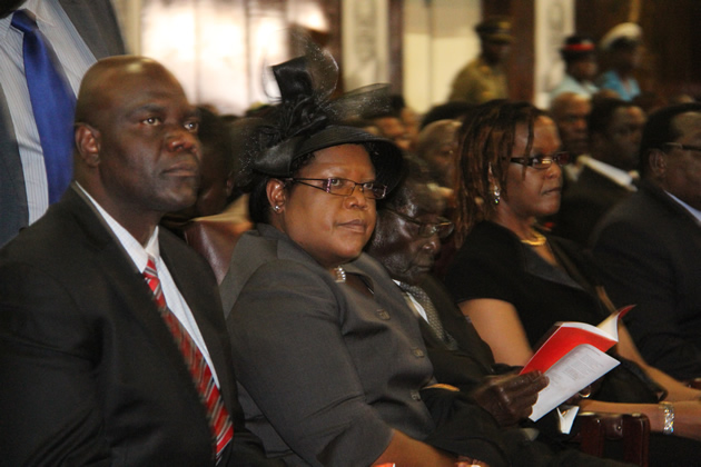 From left Professor Authur Mutambara, Vice President Joice Mujuru, President Robert Mugabe and First Lady Amai Mugabe at Stodart Hall in Mbare during Cde Nkala's body viewing
