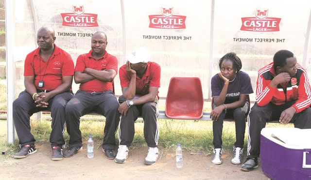 THINK TANK . . . The Gunners technical department (from left) Kuda Masaraure and his assistants Thanks Tengwe and James Matola follow their league match against Mushowani Stars