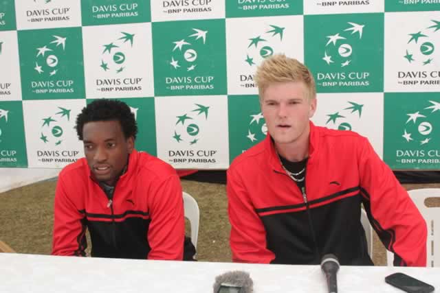 DOUBLE TROUBLE . . . Zimbabwe’s Takanyi Garanganga (left) and Benjamin Lock were on fire yesterday as they powered the country to a 2-0 lead in the Davis Cup battle against Moldova at Harare Sports Club