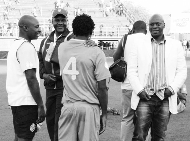 THAT’S IT GENTLEMEN . . . Warriors’ coach Ian Gorowa (right) and his men (from left) Tafadzwa Dube, Jairos Tapera (assistant coach) and Tawanda Muparati (with back to camera) go through the motions of their home draw against Mozambique at Rufaro yesterday