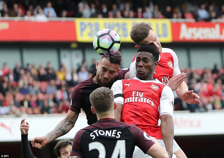 Shkodran Mustafi was facing the wrong way but still managed to divert a header past Caballero and into the corner of Man City’s net