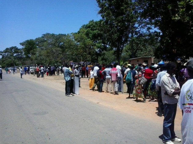 Some of the demonstrators mill around outside the Zanu PF provincial headquarters in Marondera. Pic by Farirai Machivenyika.
