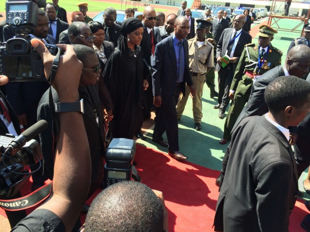 President Mugabe and First Lady Amai Grace Mugabe arrive at Heroes Stadium today.