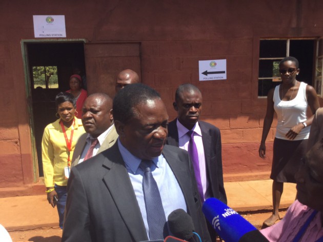 Former Chirumanzu-Zibagwe MP VP Mnangagwa addresses the media soon after casting his ballot.