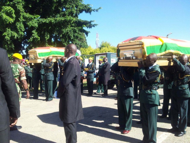The two caskets are led into Stodart Hall. Picture by Elita Chikwati