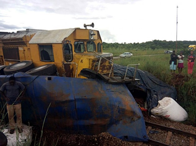 Driver of the G&H Transport and passengers were injured after their truck was involve in accident with a goods train at the Mapinga rail level crossing on Saturday. This caused delays along the Harare-Chirundu road as vehicles from all directions could not pass through.-(Picture by Walter Nyamukondiwa)