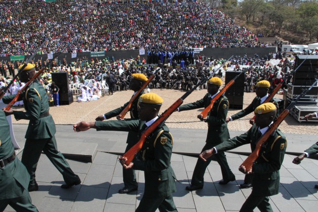 Soldiers march at the national shrine today. (pic by Tawanda Mudimu)