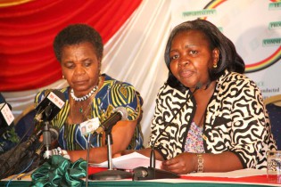 Zec Commissioner Sibongile Ndlovu (right) reading out results for the house of Assembly while ZEC Deputy Chairperson Joyce Kazembe looks on in Harare