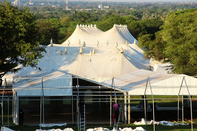 It's all systems go as workers put finishing touches on the exhibition tent ahead of the Zanu-PF people's conference which starts today at the tent village in Victoria Falls yesterday.
