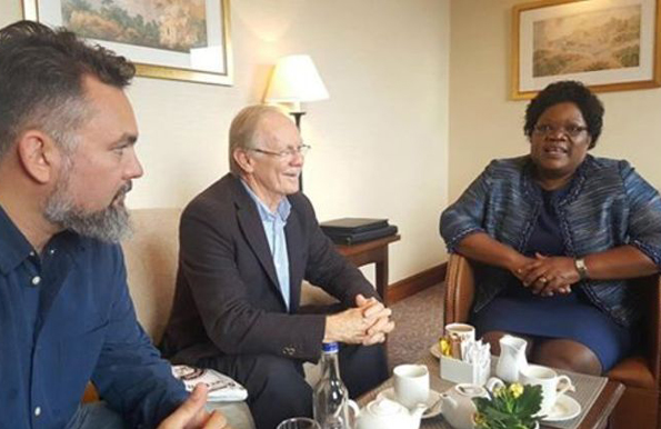 Joice Mujuru (right) met with former holder of Ruzambu Farm Guy Watson Smith (centre) to discuss compensation for the farm in London