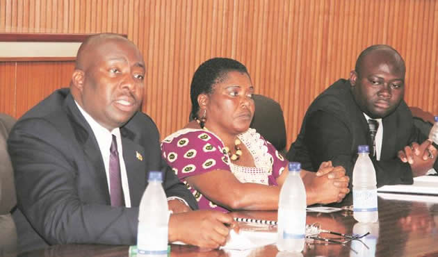 Local Government, Public Works and National Housing Minister Saviour Kasukuwere (left) addresses council officials while flanked by Minister of State for Manicaland Provincial Affairs Mandi Chimene (centre) and Mutare mayor Tatenda Nhamarare yesterday