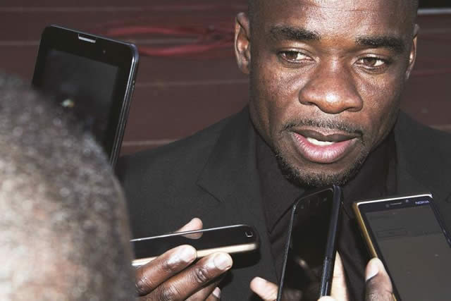 IT’S ALL GLOOMY . . . Highlanders coach Kelvin Kaindu addresses the media during his pitch-side post match press conference at the National Sports Stadium on Sunday after Bosso suffered yet another loss at the hands of rivals Dynamos