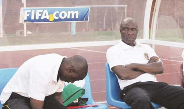 IN GOOD TIMES . . . Joshua Khumalo (right) in his role as Warriors’ kit manager when Dieter Klaus Pagels was coach, takes his seat on the technical bench at the National Sports Stadium